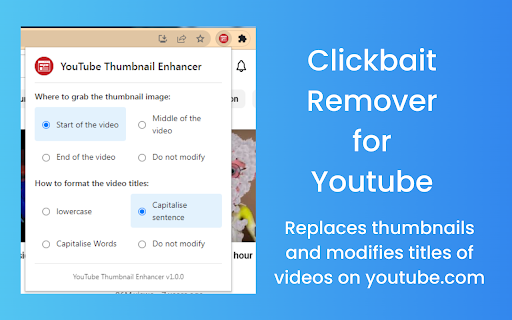 YouTube Clickbait Remover  from Chrome web store to be run with OffiDocs Chromium online