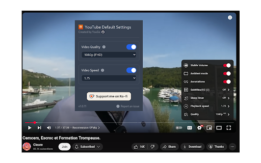 YouTube Default Settings  from Chrome web store to be run with OffiDocs Chromium online