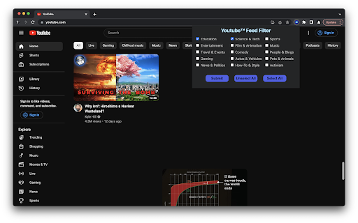 YouTube™️ Feed Filter  from Chrome web store to be run with OffiDocs Chromium online