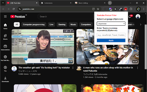 YouTube Focus Filter  from Chrome web store to be run with OffiDocs Chromium online