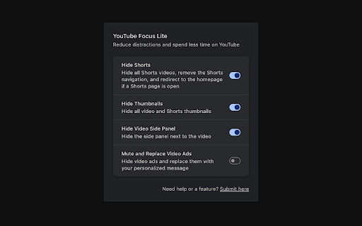 YouTube Focus Lite  from Chrome web store to be run with OffiDocs Chromium online