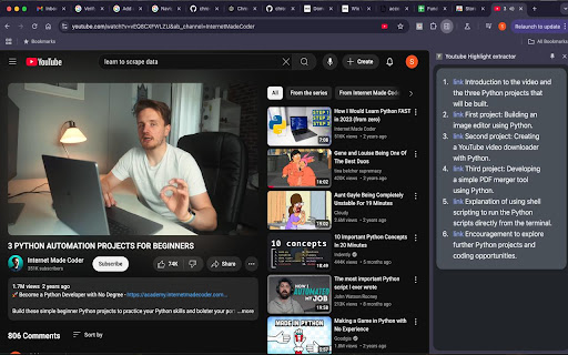 Youtube Highlight extractor  from Chrome web store to be run with OffiDocs Chromium online