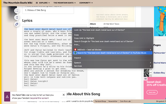 YouTube Music Selection Search  from Chrome web store to be run with OffiDocs Chromium online