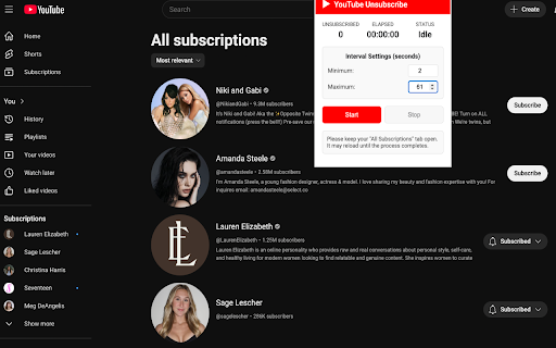YouTube One Click Unsubscribe  from Chrome web store to be run with OffiDocs Chromium online