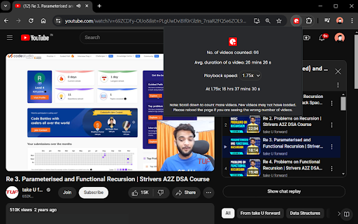 YouTube Playlist Duration  from Chrome web store to be run with OffiDocs Chromium online