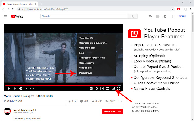 YouTube Popout Player  from Chrome web store to be run with OffiDocs Chromium online