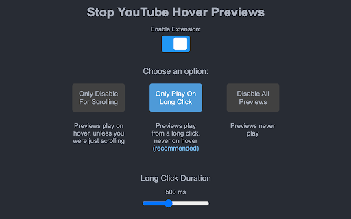 YouTube Previews On Long Click  from Chrome web store to be run with OffiDocs Chromium online