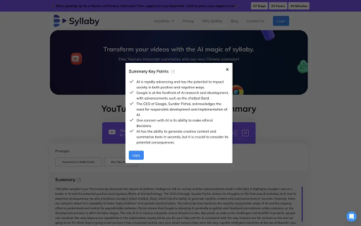 Youtube Summarizer Syllaby  from Chrome web store to be run with OffiDocs Chromium online