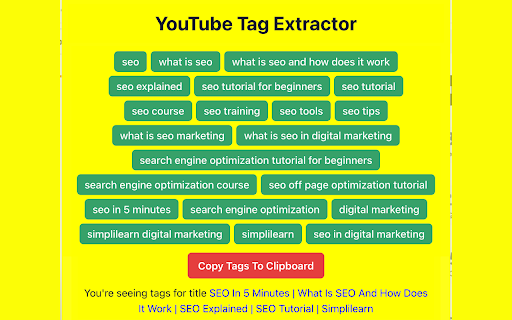YouTube Tags Extractor  from Chrome web store to be run with OffiDocs Chromium online