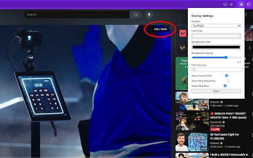 YouTube Timestamp Overlay  from Chrome web store to be run with OffiDocs Chromium online