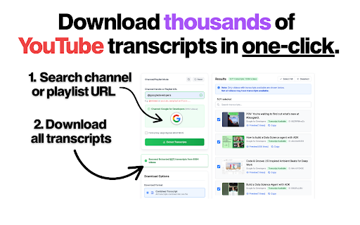 YouTube Transcripts AI Chat  Summary | Bulk Download | Export | Search  from Chrome web store to be run with OffiDocs Chromium online