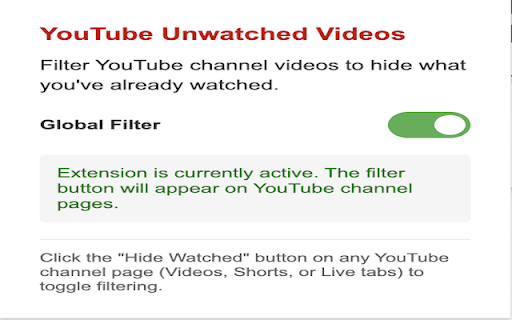 YouTube Unwatched Videos  from Chrome web store to be run with OffiDocs Chromium online