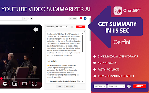 Youtube Video Summarizer AI  from Chrome web store to be run with OffiDocs Chromium online