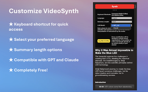 Youtube VideoSynth: summarize Youtube videos  from Chrome web store to be run with OffiDocs Chromium online