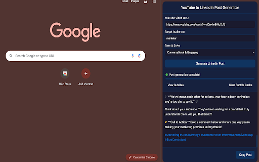 Youtube Video To LinkedIn Post Generator  from Chrome web store to be run with OffiDocs Chromium online