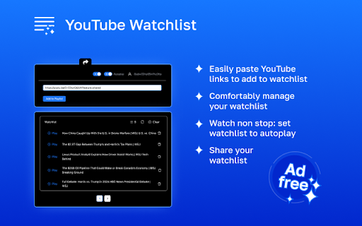 YouTube Watchlist  from Chrome web store to be run with OffiDocs Chromium online