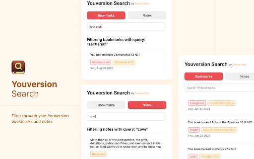 Youversion Search Filter notes  bookmarks  from Chrome web store to be run with OffiDocs Chromium online