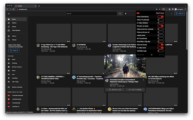 ZenTube  from Chrome web store to be run with OffiDocs Chromium online