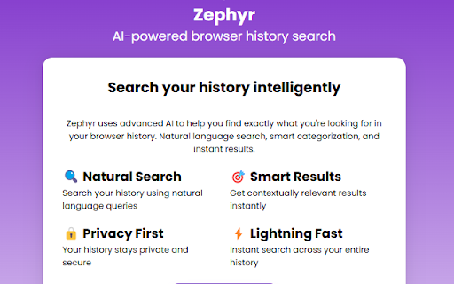 Zephyr AI powered history search  from Chrome web store to be run with OffiDocs Chromium online