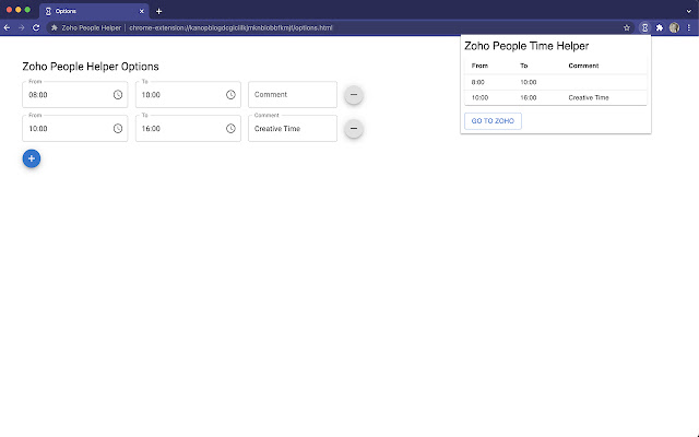 Zoho People Time Helper  from Chrome web store to be run with OffiDocs Chromium online