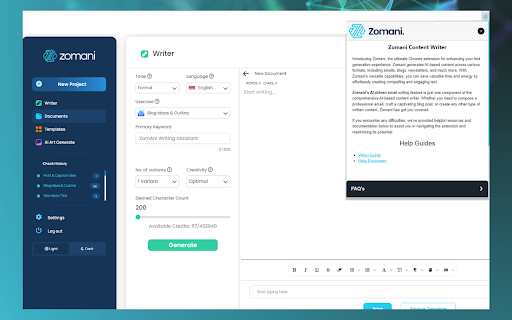 Zomani: Content Writer  from Chrome web store to be run with OffiDocs Chromium online