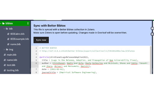 Zotero Better BibTex to Overleaf Local Sync  from Chrome web store to be run with OffiDocs Chromium online
