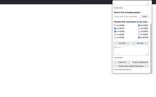 ZWCS Zero Width Characters Steganography  from Chrome web store to be run with OffiDocs Chromium online