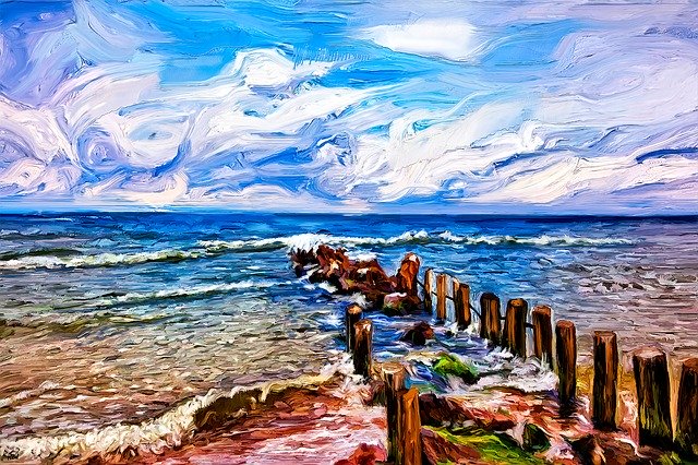 Seascape Jetty Acrylic Painting 무료 다운로드 - 김프 무료 온라인 이미지 편집기로 편집할 수 있는 무료 일러스트레이션