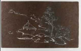 Free download Stencil with Pattern of Landscape with Boat, Hut, and Figures free photo or picture to be edited with GIMP online image editor