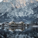 Stunning Winter Mountain Lodge by Serene Lake  screen for extension Chrome web store in OffiDocs Chromium