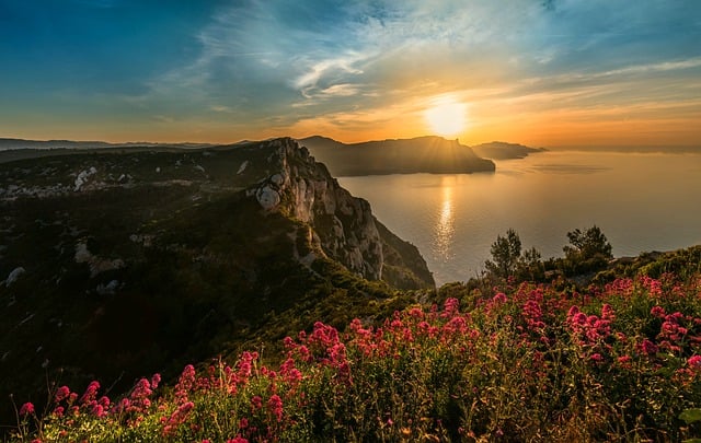 Free download sunset mountains sea flowers free picture to be edited with GIMP free online image editor