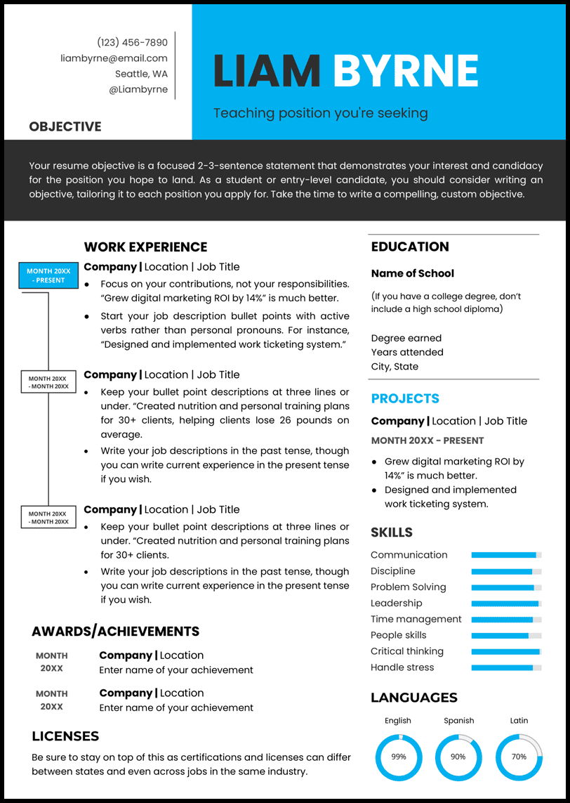 A teacher of the year Word resume template with blue and black color blocks
