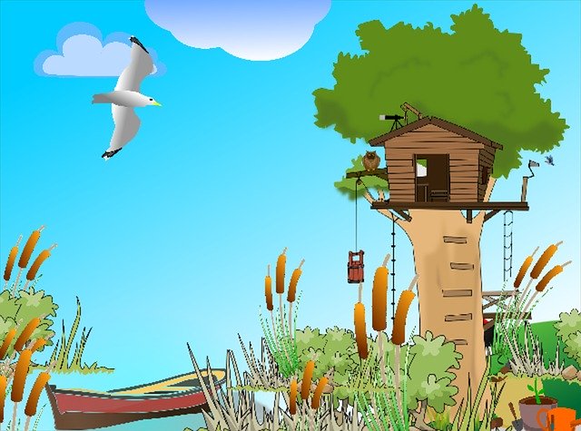 Free download Treehouse Lake Boat -  free illustration to be edited with GIMP free online image editor