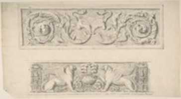 Free download Two Frieze Designs: Decorated with Birds, Reptiles and Vines, Griffins and Vases free photo or picture to be edited with GIMP online image editor
