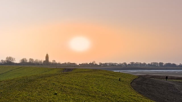 Free download village church dyke sun wadden sea free picture to be edited with GIMP free online image editor