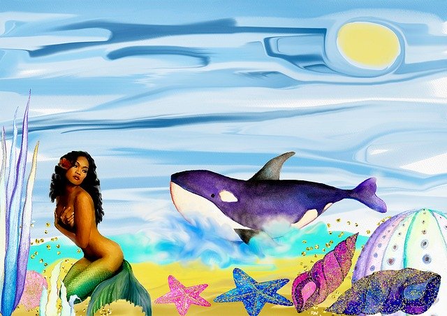 Whale And Mermaid Beach Art Wall 무료 다운로드 - 김프 무료 온라인 이미지 편집기로 편집할 수 있는 무료 일러스트레이션