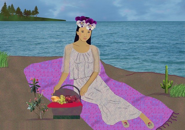 Descarga gratuita Woman Beach Blanket Picnic Basket - ilustración gratuita para ser editada con GIMP editor de imágenes en línea gratuito