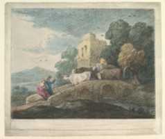 Free download Wooded Landscape with Herdsmen Driving Cattle over a Bridge, Rustic Lovers and Ruined Castle free photo or picture to be edited with GIMP online image editor