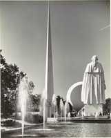 Free download [Fountains, 1939 New York Worlds Fair, with Trylon and Perisphere in Background] free photo or picture to be edited with GIMP online image editor