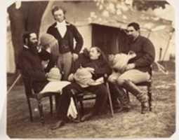 Free download [Group portrait at the Governor Generals Camp, L-R: Maj Jones, Mr. Walters, The Governor Generals Chaplain, J.C.S. and Sir E.Campbell Bart., 60th Rifles Mry. Sry. to G.G.] free photo or picture to be edited with GIMP online image editor
