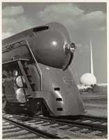 Free download [Locomotive, with Entrance to Perisphere of 1939 New York Worlds Fair in Background] free photo or picture to be edited with GIMP online image editor