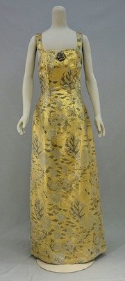 Free download 1950`s Gold Brocade With Olive Leaves Long Evening Gown ` Daphne` With Broach Made For This Gown . free photo or picture to be edited with GIMP online image editor
