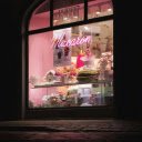 A pink neon sign in a window with a pink light  screen for extension Chrome web store in OffiDocs Chromium