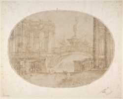 Free download Architectural Perspective for a Stage Set with a Bridge, Statues and a Fountain in the Background and Human Figures in the Foreground free photo or picture to be edited with GIMP online image editor