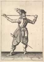 Free download A soldier, seen from the rear, while turning to the right and holding his pike horizontally, from the Lansquenets series, plate 30, in Wapenhandelinghe van Roers Musquetten Ende Spiessen (The Exercise of Arms) free photo or picture to be edited with GIMP online image editor