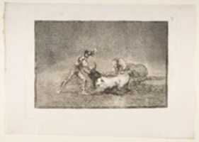 Free download A Spanish knight kills the bull after having lost his horse, plate 9 of La Tauromaquia free photo or picture to be edited with GIMP online image editor