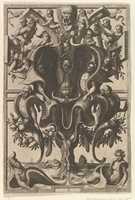 Free download Auricular Cartouche with Figures within a Strapwork Frame from Veederley Veranderinghe van grotissen ende Compertimenten. Libro Primo free photo or picture to be edited with GIMP online image editor