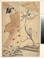 Free download A Woman Tying up a Curtain, a Flower Arrangement of Chrysanthemums in a Boat-shaped Hanging Vase, and Narcissus Arranged in a Flower Vase free photo or picture to be edited with GIMP online image editor