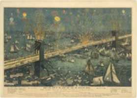 Bezpłatne pobieranie Birds-Eye View of the Great New York and Brooklyn Bridge oraz Grand Display of Fireworks podczas premiery ... 24 maja 1883 r. Darmowe zdjęcie lub obraz do edycji za pomocą internetowego edytora obrazów GIMP
