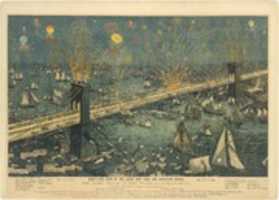 Kostenloser Download Birds-Eye View of the Great New York and Brooklyn Bridge, and Grand Display of Fireworks on Opening Night... 24. Mai 1883 kostenloses Foto oder Bild zur Bearbeitung mit GIMP Online-Bildbearbeitungssoftware